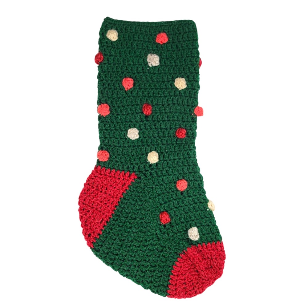 Crochet Christmas Stocking‎ 20" Green Red Cream Hand Knit Holiday Retro Country